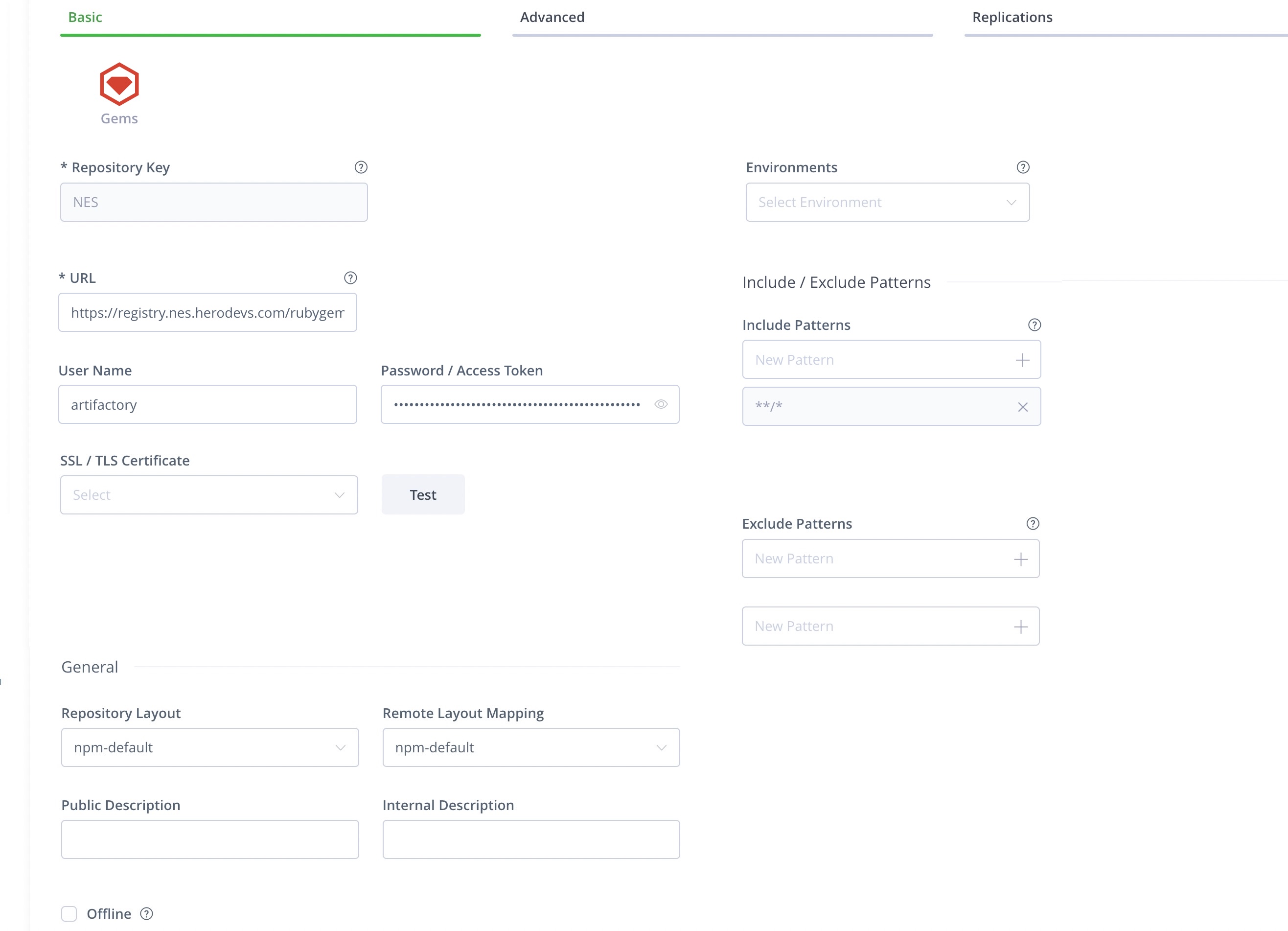 Completed JFrog Artifactory Basic tab configuration for RubyGems remote repository showing Repository Key, URL, Username, Password, Include Patterns, and Remote Mapping Layout fields filled in