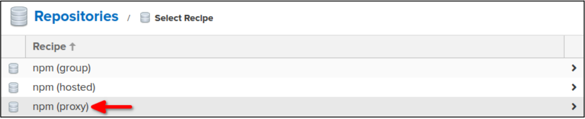 Nexus recipe selection screen showing three npm repository types: npm (group), npm (hosted), and npm (proxy), with npm (proxy) highlighted and indicated by a red arrow
